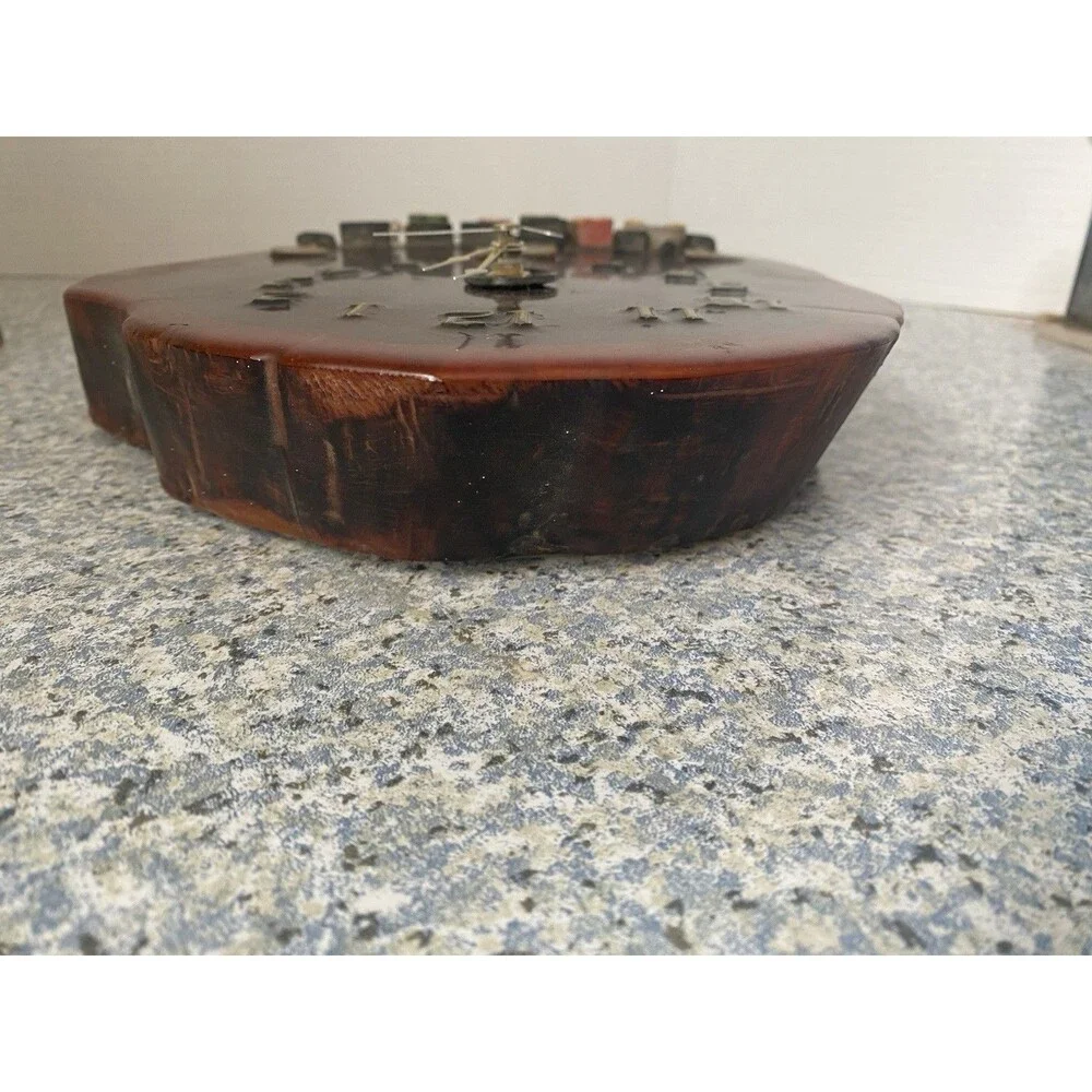 Vtg Hand Made Wood Slab Live Edge quarts wall  Clock w Train  Railroad Crossing